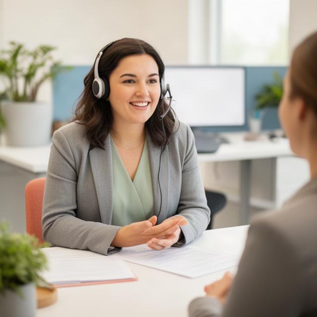 Chadsity Izabel speaking with a customer from a welcoming Lafayette support office