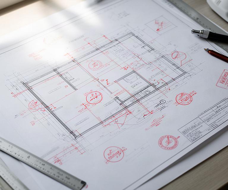 Engineering team plan sheet on a desk with red measurement callouts and approval marks