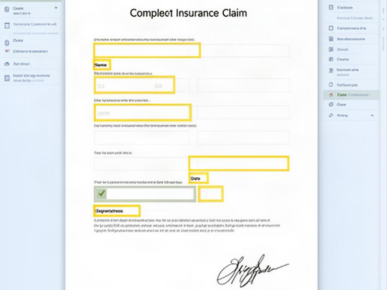 Completed insurance claim PDF on a Windows desktop with highlighted name, date, checkbox, and signature fields